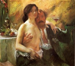 Selbstporträt mit seiner Frau und einem Glas Champagner