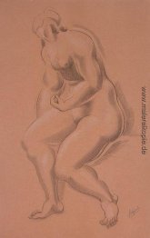 Sitzender weiblicher Akt mit der linken Hand am rechten Bein