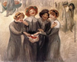Vier Frauen mit einem Korb mit Kirschen