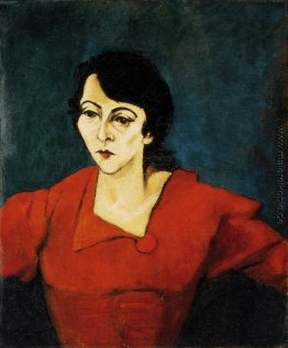 Frau im Rot mit grünem Hintergrund