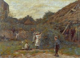 Szene in einem Hof ​​mit Kinder-Sammeln-Frucht