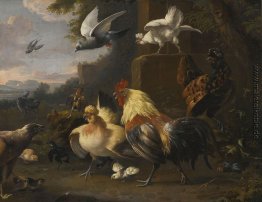 Ein Adler, ein Cockerell, Hühner, eine Taube in Flight und ander