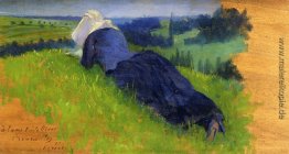 Ländliche Frau auf dem Gras Stretched