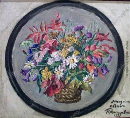 Stillleben. Herbst-Blumen in einem Korb. Studie für das Fach ein