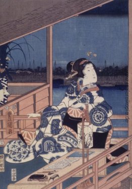 Mondschein-Ansicht von Tsukuda mit Dame auf einem Balkon