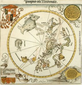 Karte des südlichen Himmels, mit Darstellungen der Konstellation