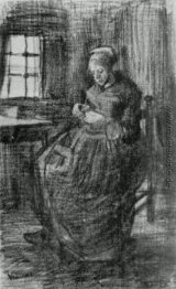 Innenraum mit Peasant Woman Sewing Innenraum mit Peasant Woman Sewing