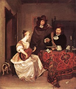 Eine junge Frau spielt eine Theorbe, zwei Männer