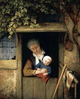 Mutter mit ihrem Kind in einem Hauseingang