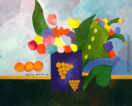 Vase mit Blumen und Frucht