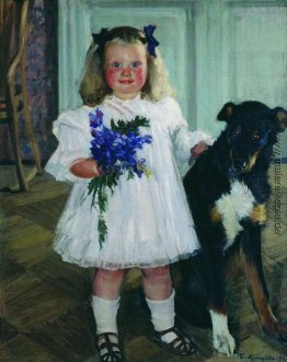 Porträt von Irina Kustodiev mit dem Hund Shumka