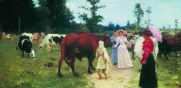 Junge ladys gehe unter Herde von Kuh