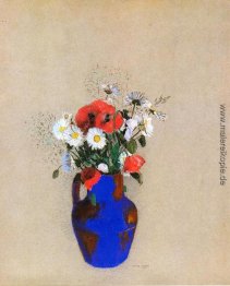 Mohnblumen und Gänseblümchen in einer blauen Vase Mohnblumen und Gänseblümchen in einer blauen Vase