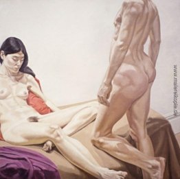 Männliche und weibliche Akt mit roten und purpurroten Drape