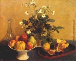 Stillleben. Blumen, Fruchtschale und Pitcher