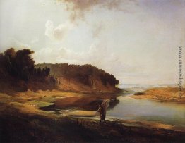 Landschaft mit Fluß und ein Angler