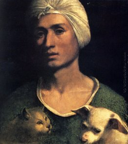 Portrait eines jungen Mannes mit einem Hund und einer Katze
