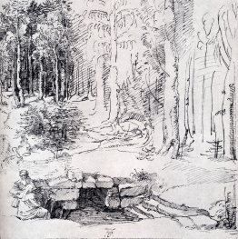 Waldlichtung mit einem ummauerten Brunnen, durch die zwei Männer