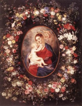 Die Jungfrau und das Kind in einer Girlande aus Blumen
