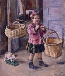 Um das Wasser. Katya mit Körben. Um das Wasser. Katya mit Körben.