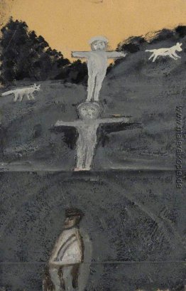 Kreuzigung oder Allegorie mit drei Figuren und zwei Hunde