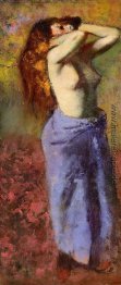 Frau in einem blauen Bademantel, Torso Exposed Frau in einem blauen Bademantel, Torso Exposed