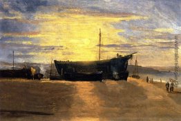 Sonnenuntergang, Hastings. Auf den Strand Fischereifahrzeuge