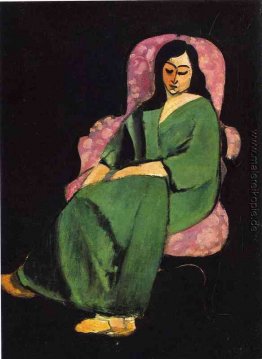 Lorette in einer grünen Robe gegen einen schwarzen Hintergrund