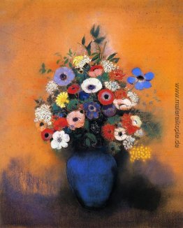 Minosas, Anemonies und Blätter in einem blauen Vase