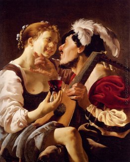 Ein Lautenspieler Carousing mit einer jungen Frau mit einem Roem