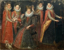 Portrait von fünf Frauen mit einem Hund und einem Papagei