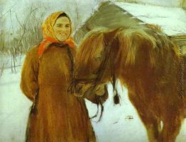 In einem Dorf. Ländliche Frau mit einem Pferd