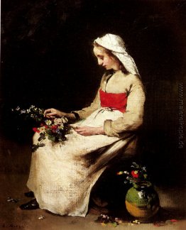 A Girl Anordnen einer Vase mit Blumen