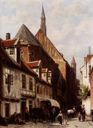 Einer belebten Straße in Bremen mit der Heiligen Johann Kirche i Einer belebten Straße in Bremen mit der Heiligen Johann Kirche i