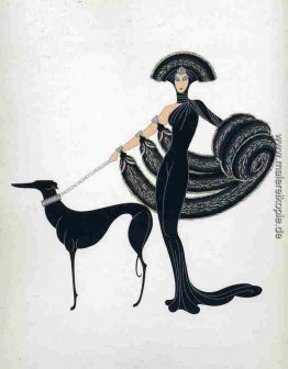 Kostüme: Frau in Schwarz gekleidet, mit Pelzen, Hut und Hund an