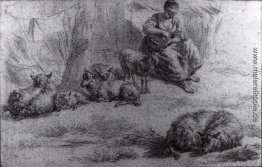 Sitzende Frau mit einem Korb und Tierzucht