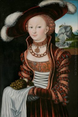 Portrait einer jungen Frau mit Trauben und Äpfel