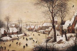 Winterlandschaft mit Schlittschuhläufern und einer Vogel-Falle