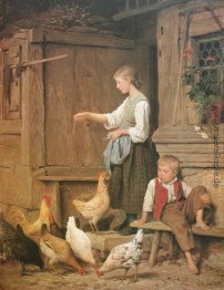 Jeune fille nourrissant les poules Jeune fille nourrissant les poules