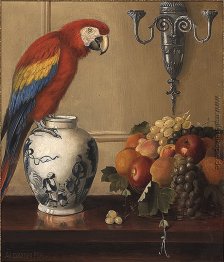 Stillleben von Ara, chinesische Vase und Obst Stillleben von Ara, chinesische Vase und Obst