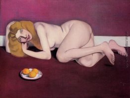 Nude blonde Frau mit Mandarinen