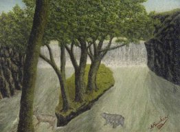 Tiere Crossing einem überschwemmten Fluss mit einer entfernten W