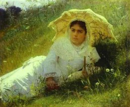 Frau mit einem Regenschirm (im Gras, Mittag)