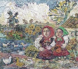Zwei Mädchen in einem Hof ​​mit Enten und einer Windmühle