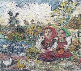 Zwei Mädchen in einem Hof ​​mit Enten und einer Windmühle
