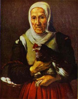 Alte Frau mit einer Henne