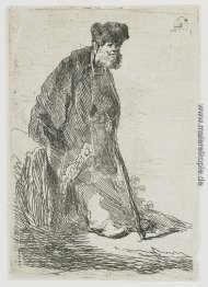 Mann in einem Mantel und Pelzmütze lehnt an einem Bank