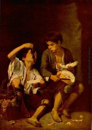 Zwei Kinder, die eine Melone und Trauben Zwei Kinder, die eine Melone und Trauben