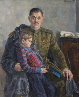 Porträt von Sergei Wladimirowitsch Michalkow mit seinem Sohn