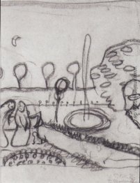 Zwei Frauen, die in den Garten mit Brunnen Zwei Frauen, die in den Garten mit Brunnen